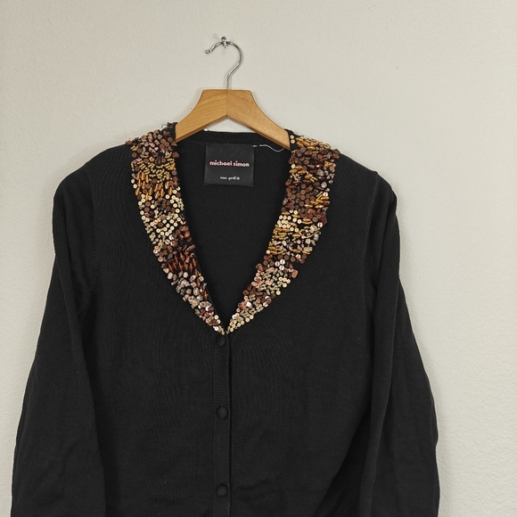 Michael Simon Black Sweater Cartigan Brown beaded V-neck 3/4 Sleeve Silk Blend S - Picture 3 of 12